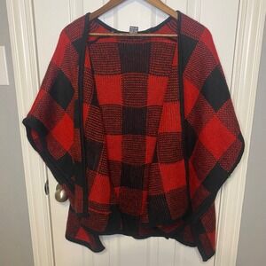 89th & Madison Sweater Women's Small Red Buffalo Plaid Knit Poncho Cape Dolman